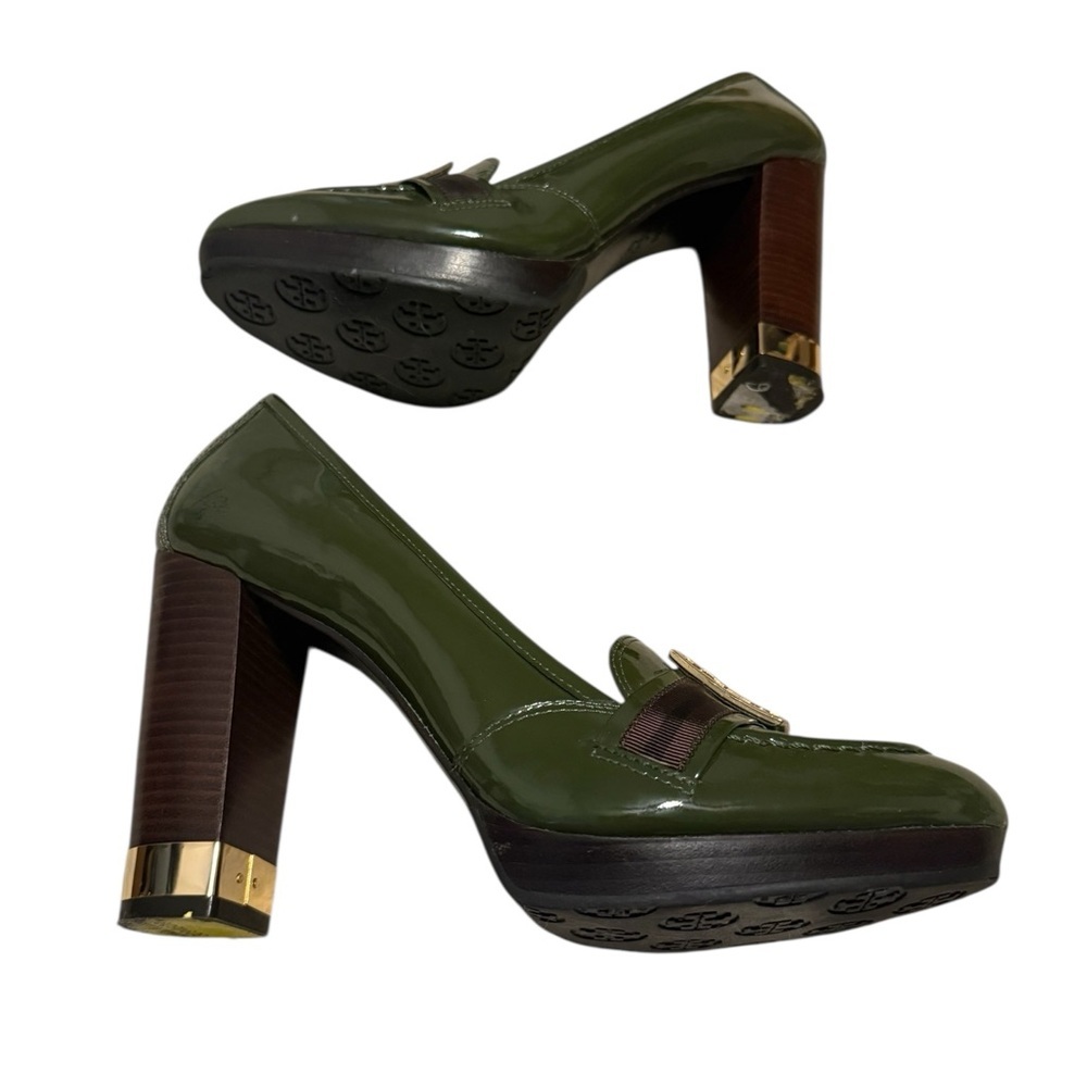 Tory Burch Olive Green Patent Leather Heeled Loafer Size 9.5 - Picture 4 of 9